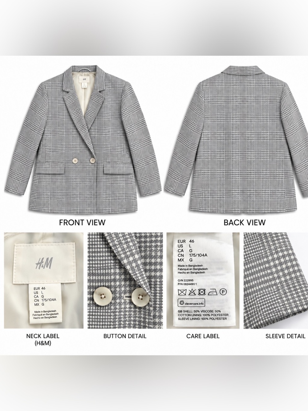 H&M Women’s Plaid Double-Breasted Blazer – Size Large